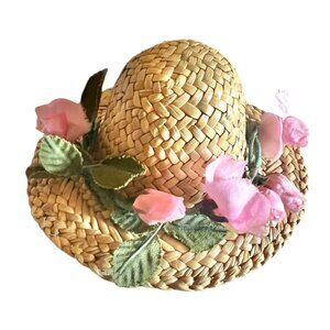 Doll’s Straw Hat with Pink Silk Flowers Rosebuds 4" diameter, 2" head diameter